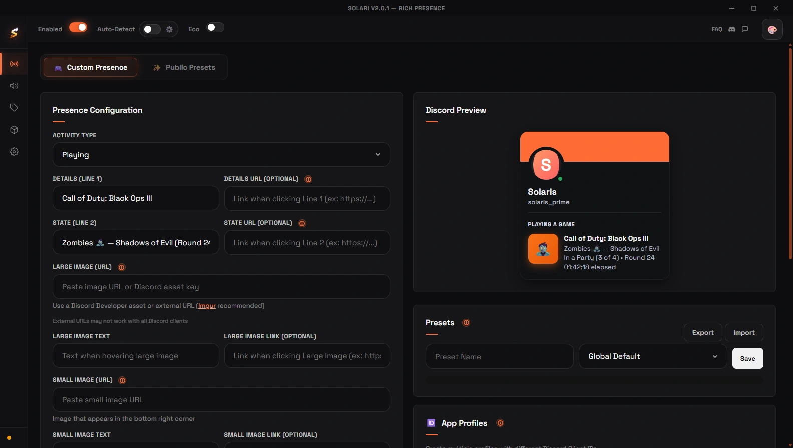 Solari Rich Presence Manager - Main interface showing custom Discord status presets and activity controls