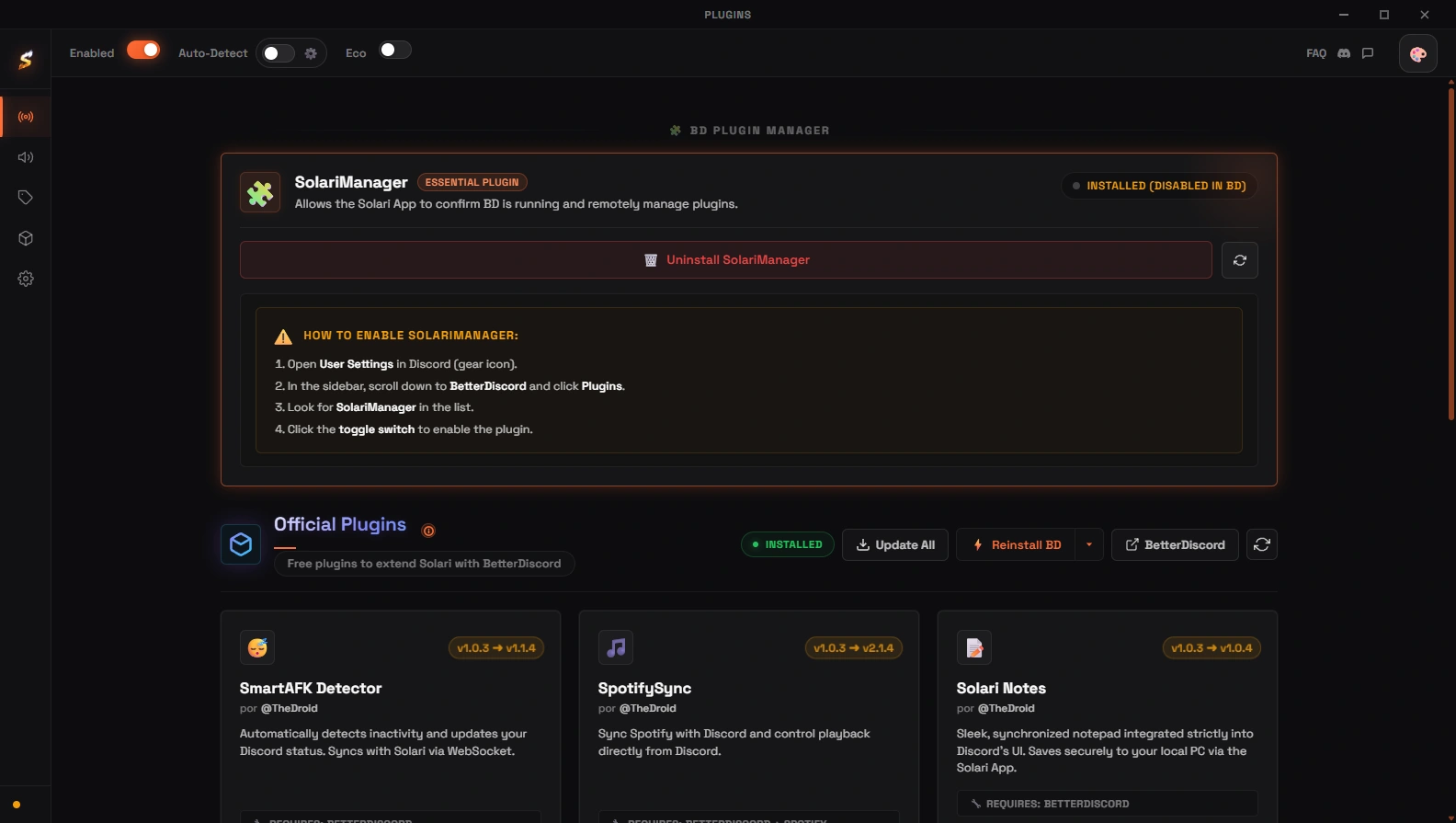 Solari Plugin System - SpotifySync, SmartAFK and SolariNotes BetterDiscord extensions