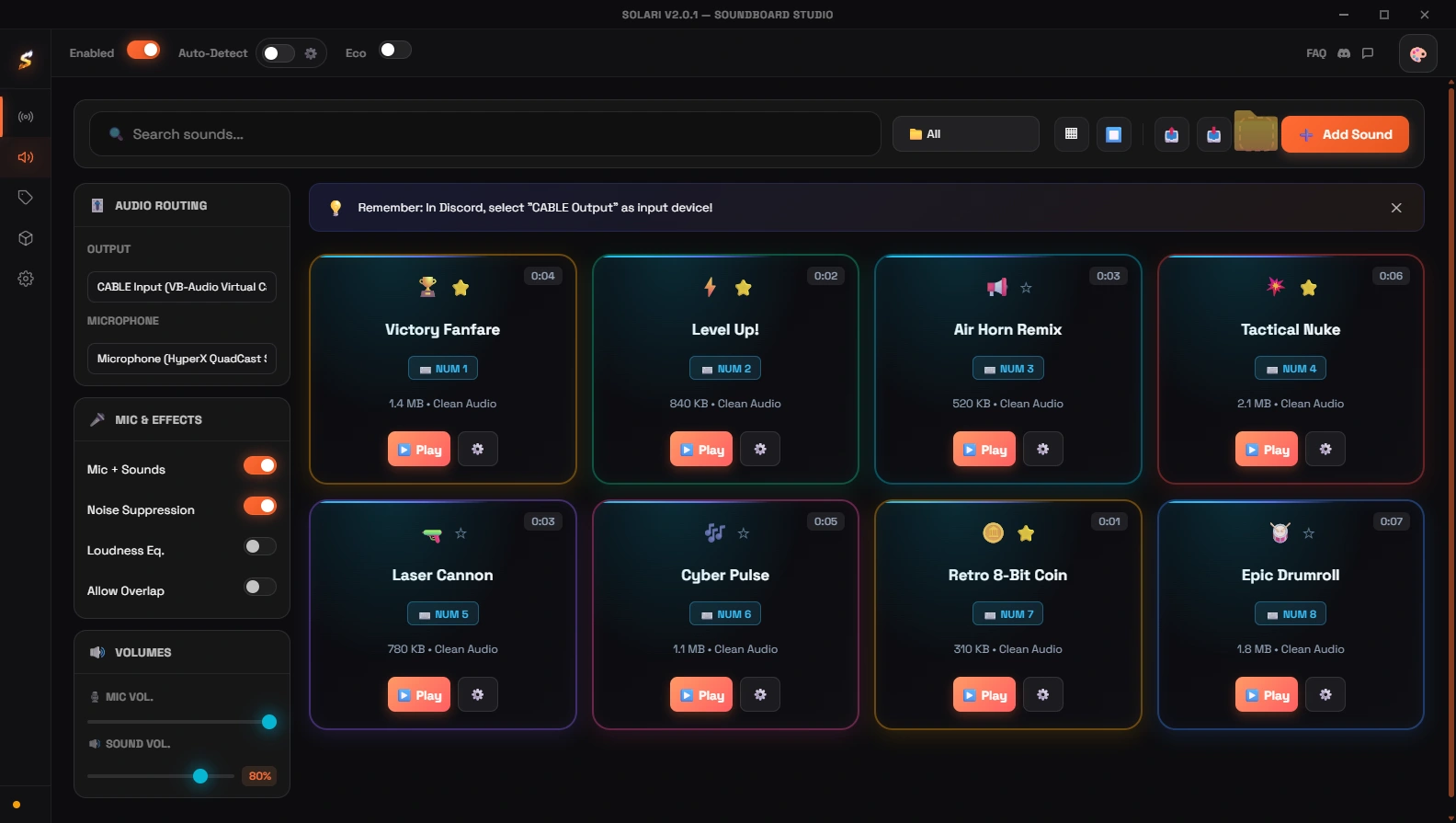 Solari Native Soundboard - Custom sound cards with hotkey bindings and volume controls